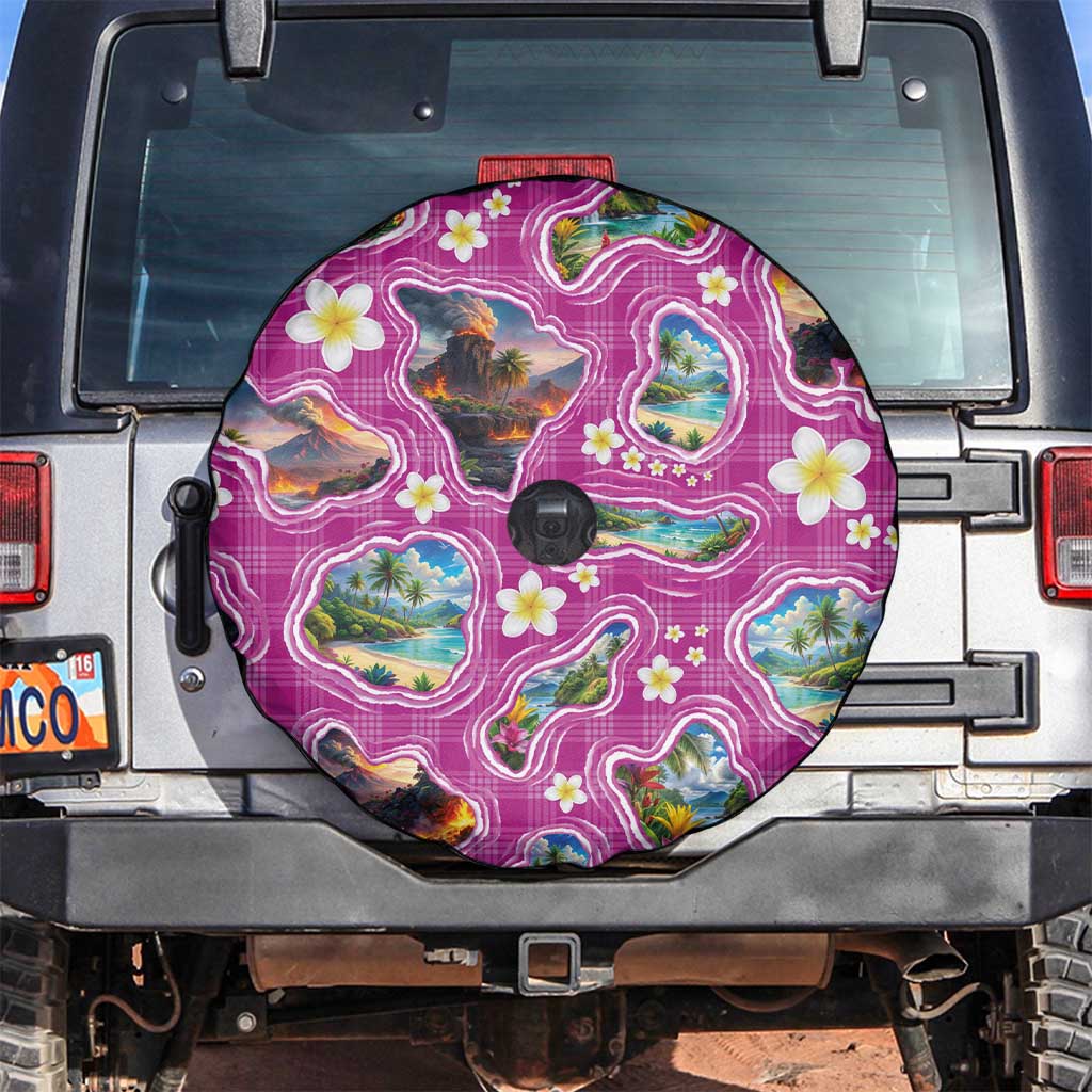Hawaiian Island Shapes-Iconic Landscape Spare Tire Cover with Plumeria and Palaka Pink Color LT03 Pink - Polynesian Pride