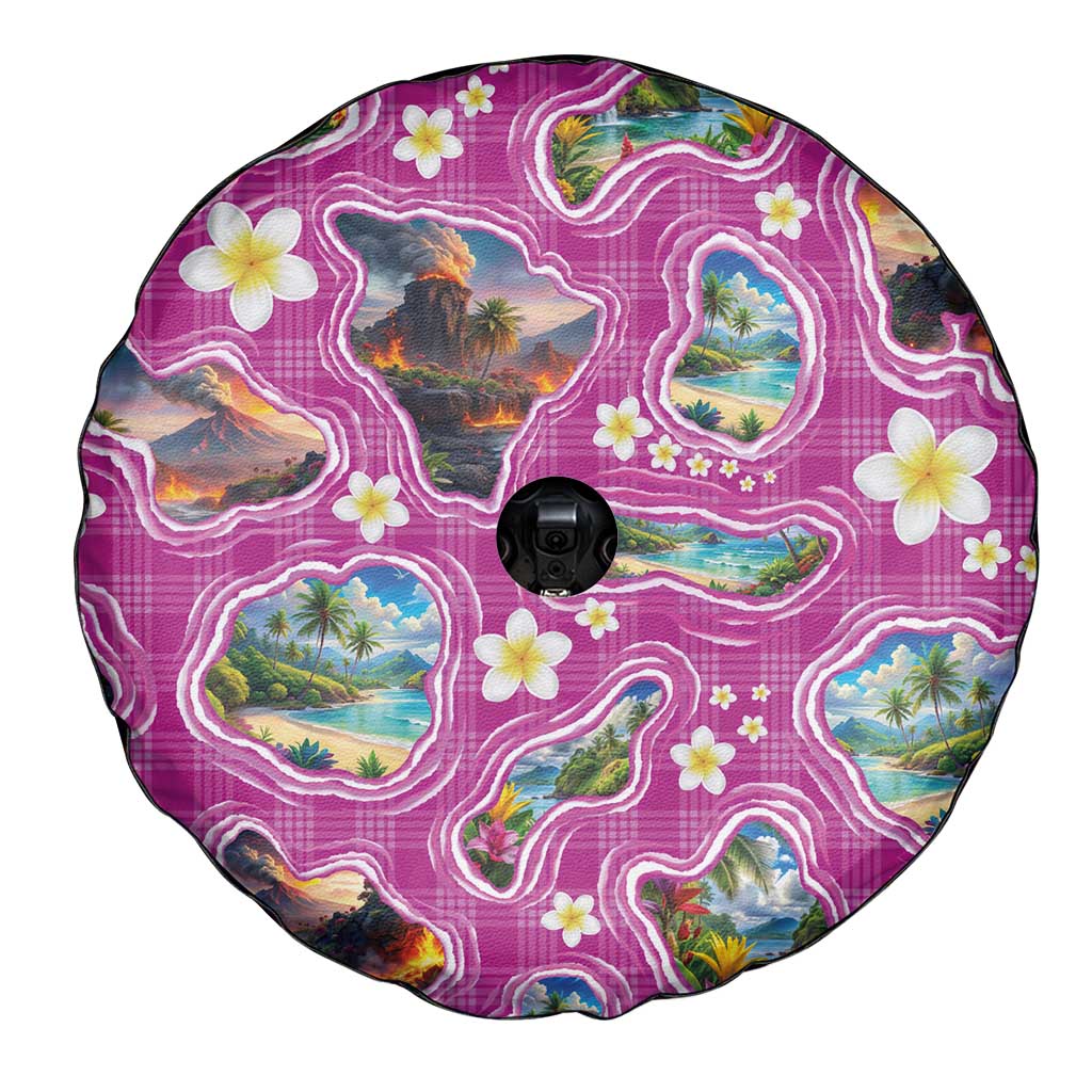Hawaiian Island Shapes-Iconic Landscape Spare Tire Cover with Plumeria and Palaka Pink Color LT03 - Polynesian Pride