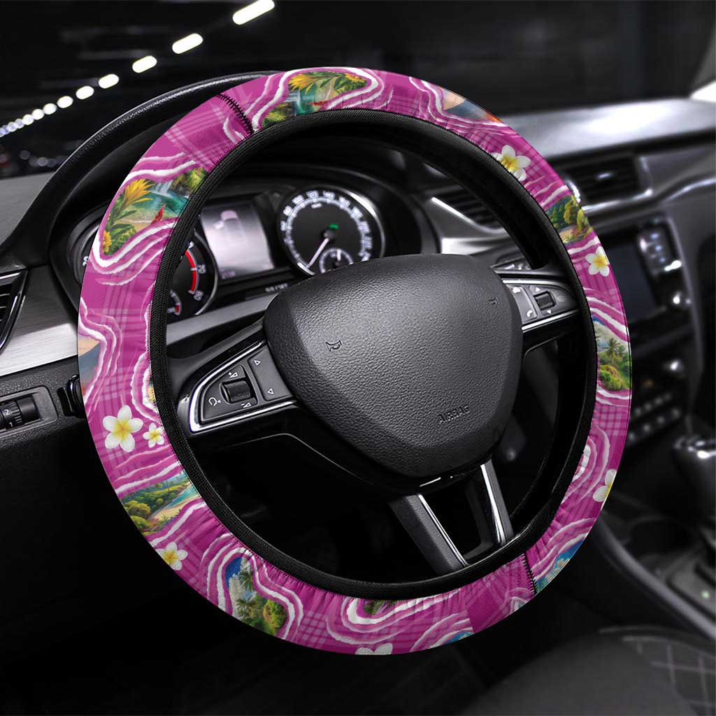 Hawaiian Island Shapes-Iconic Landscape Steering Wheel Cover with Plumeria and Palaka Pink Color