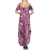 Hawaiian Island Shapes-Iconic Landscape Summer Maxi Dress with Plumeria and Palaka Pink Color