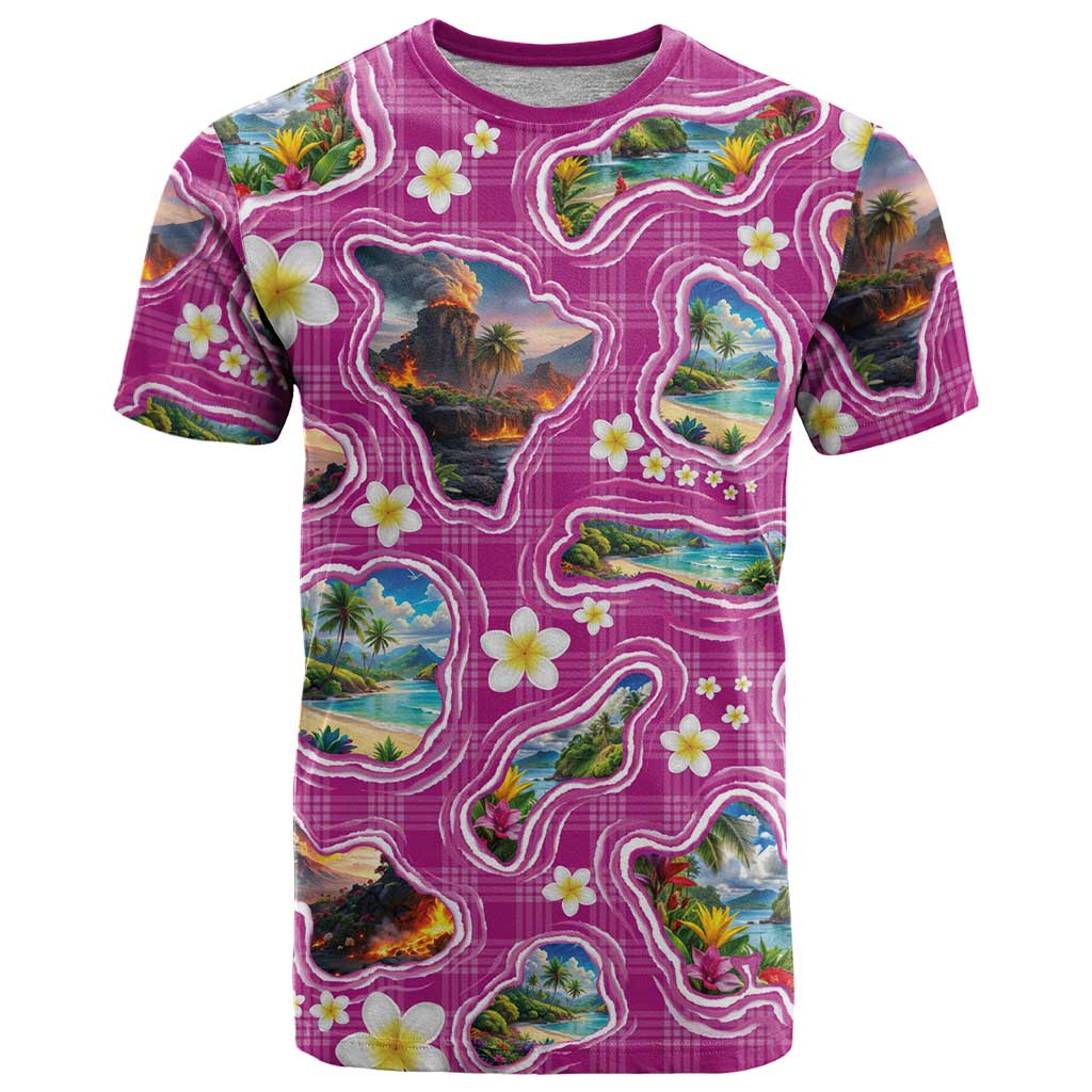 Hawaiian Island Shapes-Iconic Landscape T Shirt with Plumeria and Palaka Pink Color