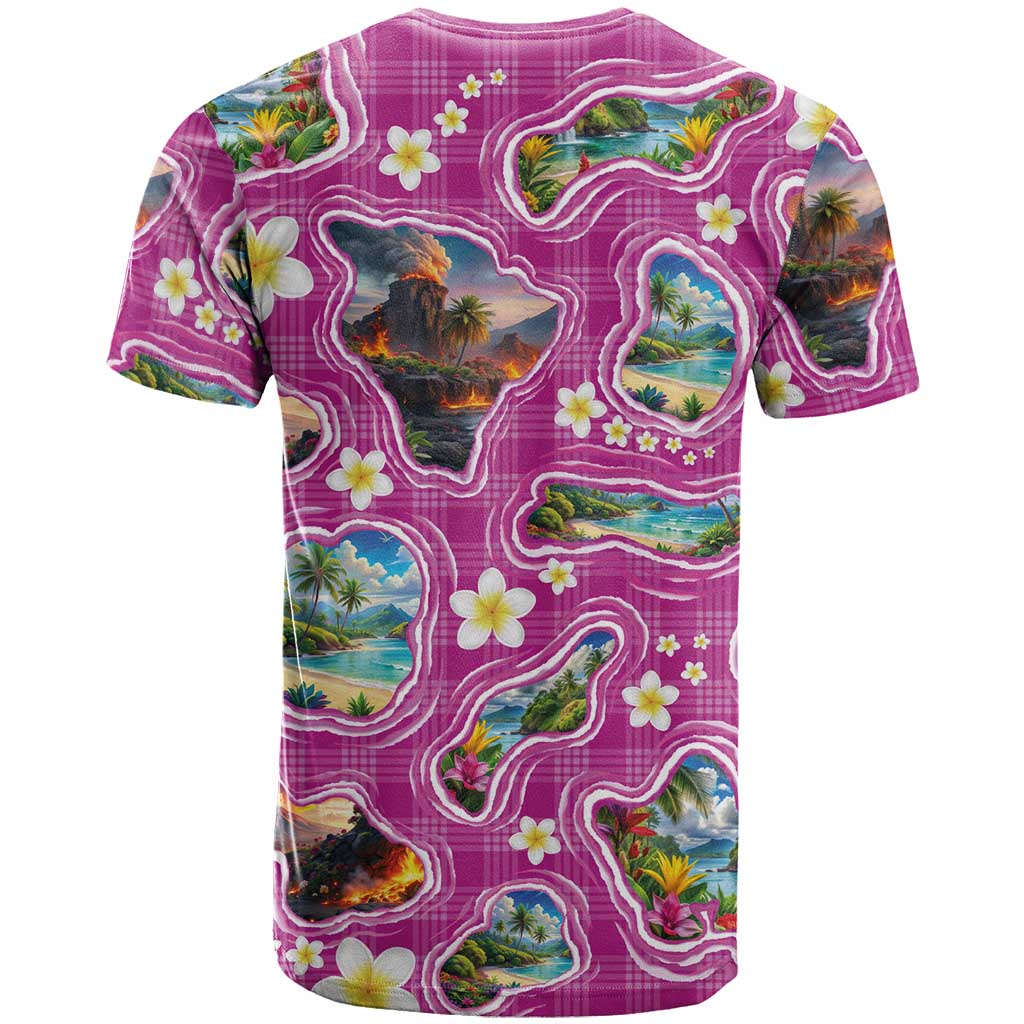 Hawaiian Island Shapes-Iconic Landscape T Shirt with Plumeria and Palaka Pink Color