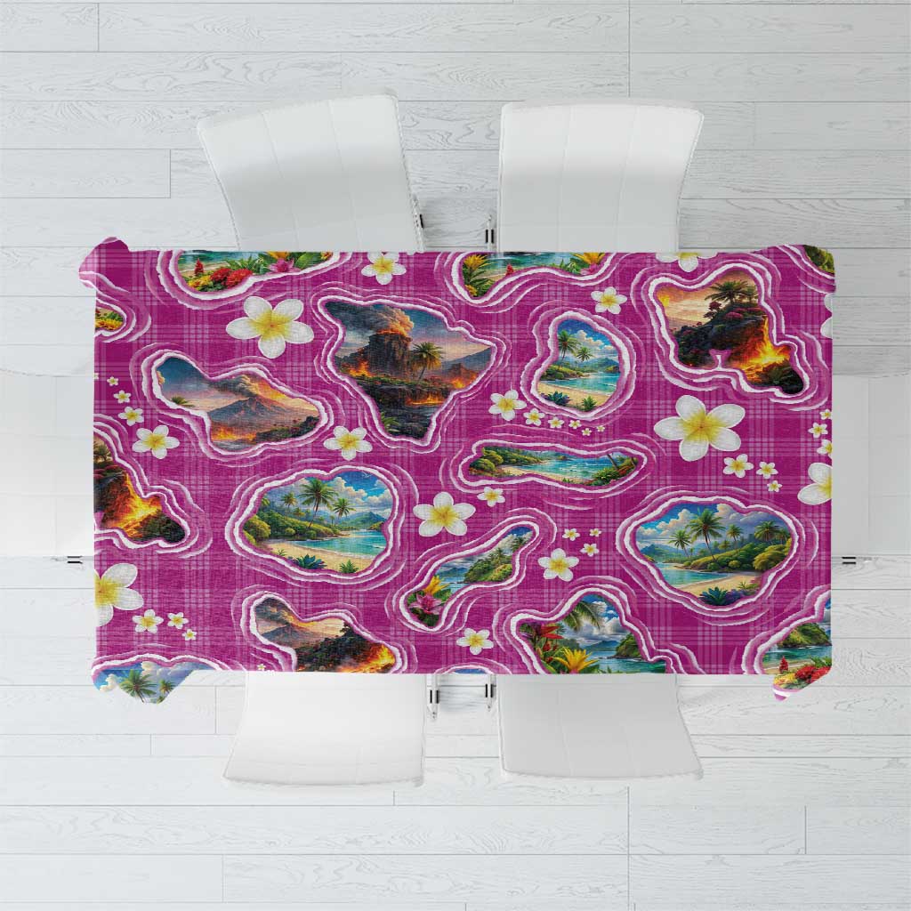 Hawaiian Island Shapes-Iconic Landscape Tablecloth with Plumeria and Palaka Pink Color