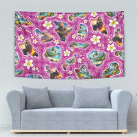 Hawaiian Island Shapes-Iconic Landscape Tapestry with Plumeria and Palaka Pink Color