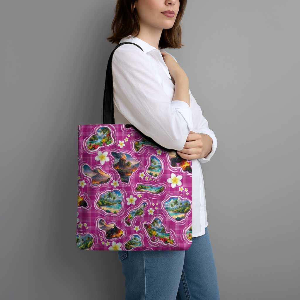 Hawaiian Island Shapes-Iconic Landscape Tote Bag with Plumeria and Palaka Pink Color
