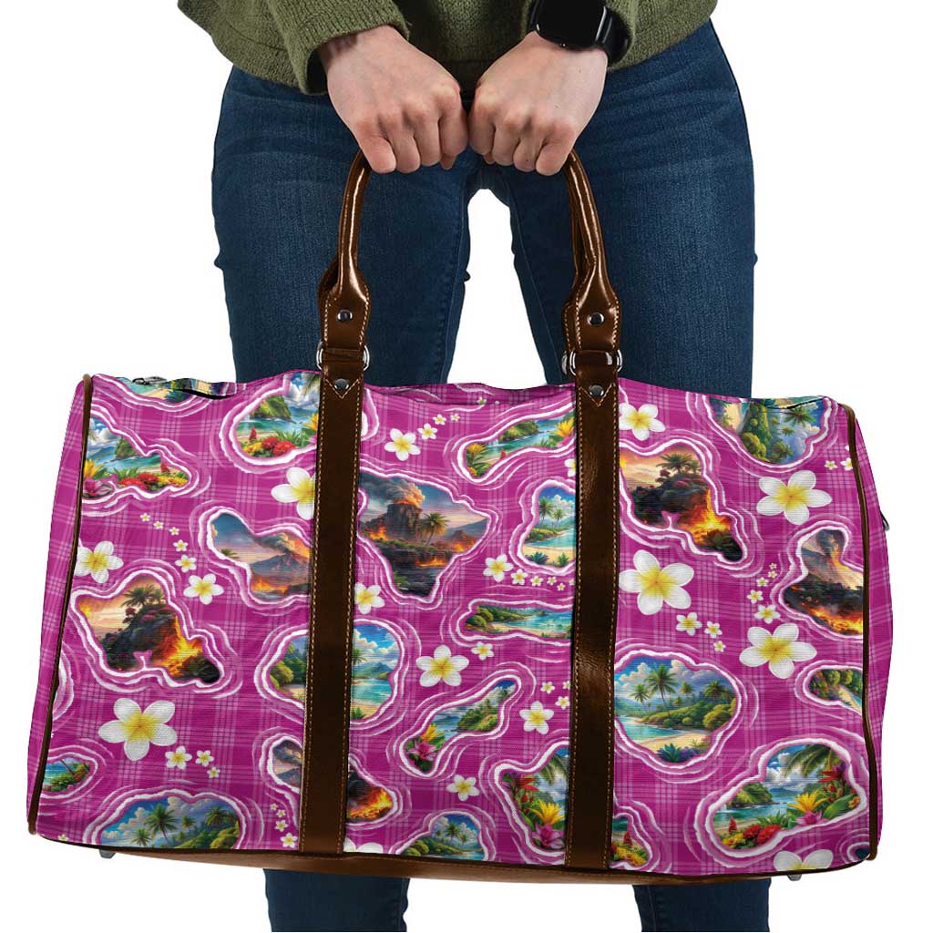 Hawaiian Island Shapes-Iconic Landscape Travel Bag with Plumeria and Palaka Pink Color