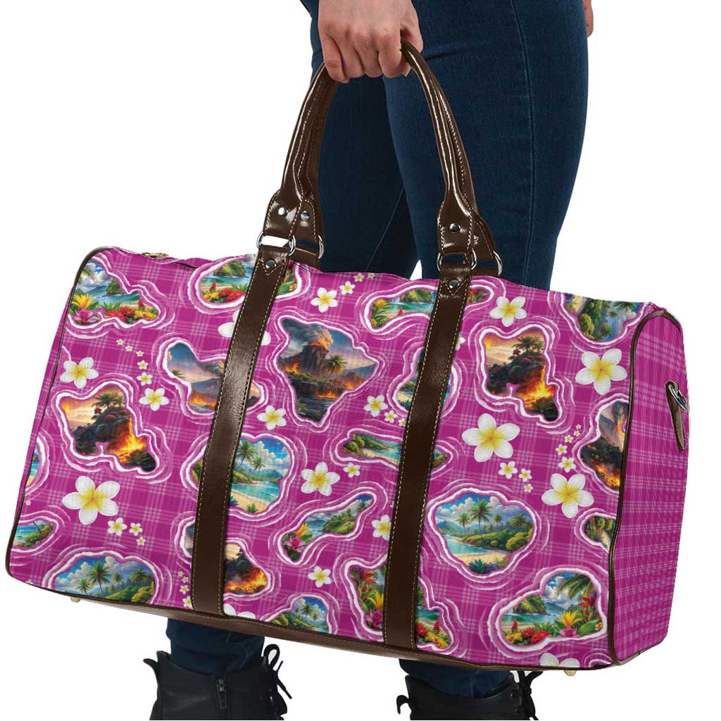 Hawaiian Island Shapes-Iconic Landscape Travel Bag with Plumeria and Palaka Pink Color