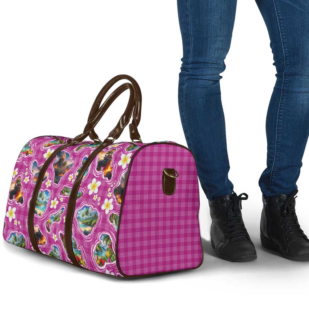 Hawaiian Island Shapes-Iconic Landscape Travel Bag with Plumeria and Palaka Pink Color