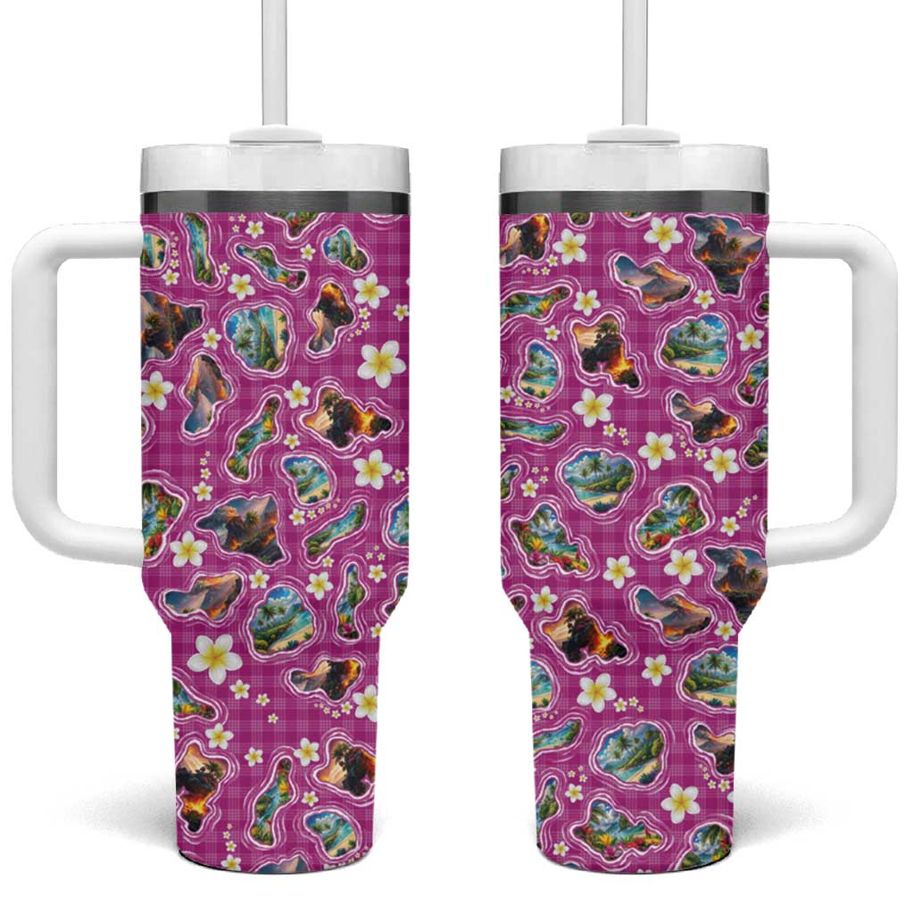 Hawaiian Island Shapes-Iconic Landscape Tumbler With Handle with Plumeria and Palaka Pink Color