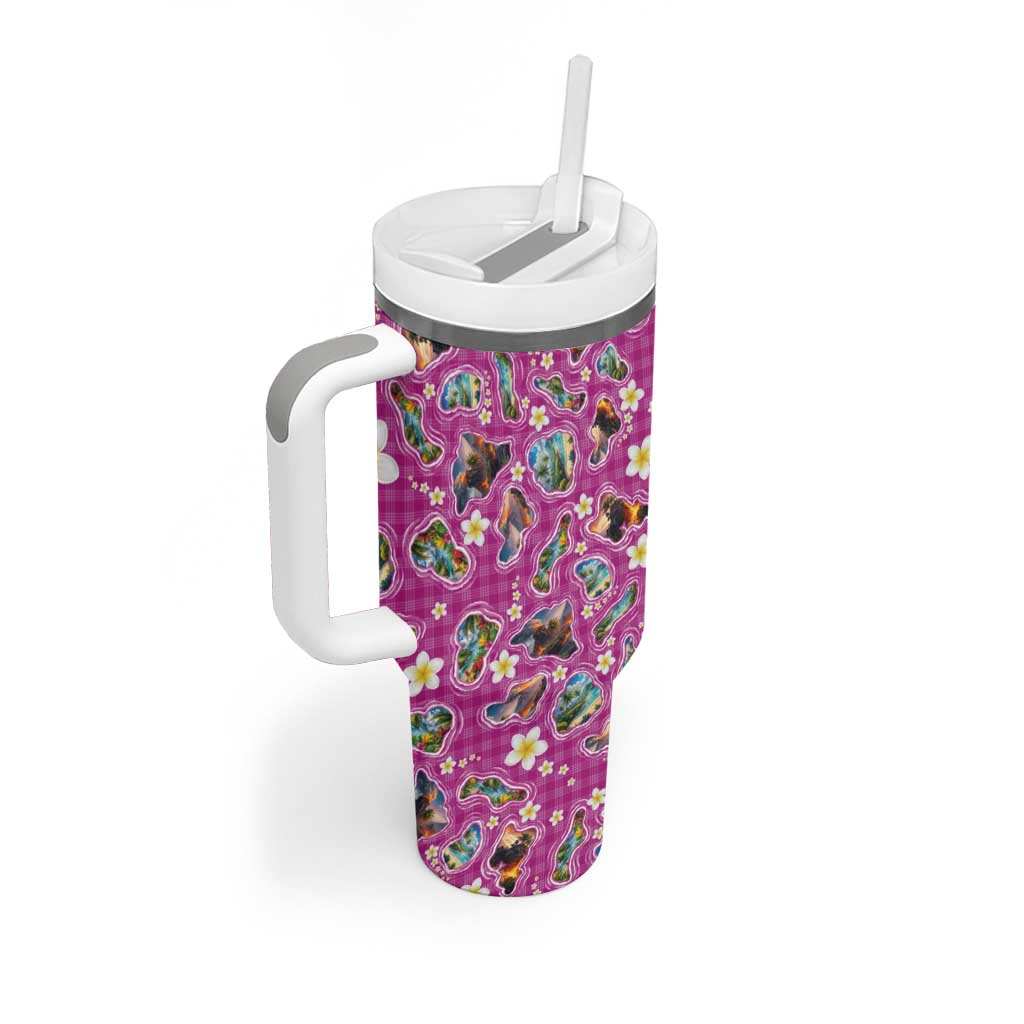 Hawaiian Island Shapes-Iconic Landscape Tumbler With Handle with Plumeria and Palaka Pink Color