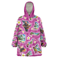 Hawaiian Island Shapes-Iconic Landscape Wearable Blanket Hoodie with Plumeria and Palaka Pink Color LT03 One Size Pink - Polynesian Pride