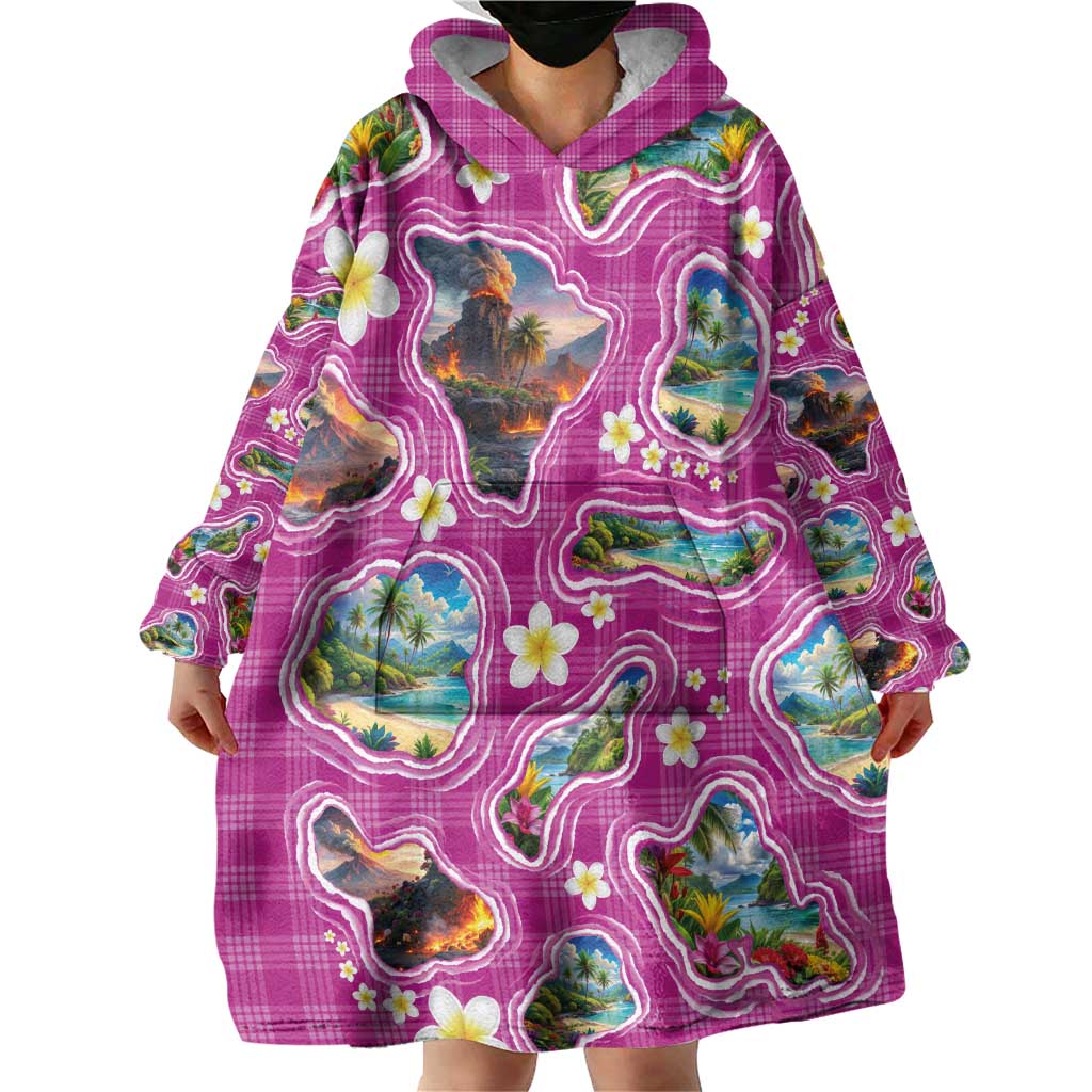 Hawaiian Island Shapes-Iconic Landscape Wearable Blanket Hoodie with Plumeria and Palaka Pink Color LT03 - Polynesian Pride