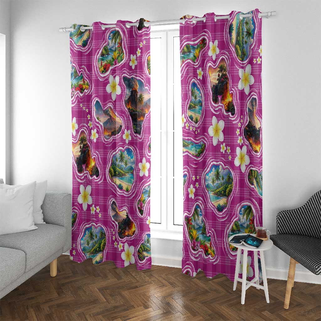 Hawaiian Island Shapes-Iconic Landscape Window Curtain with Plumeria and Palaka Pink Color