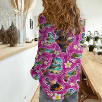 Hawaiian Island Shapes-Iconic Landscape Women Casual Shirt with Plumeria and Palaka Pink Color LT03 - Polynesian Pride