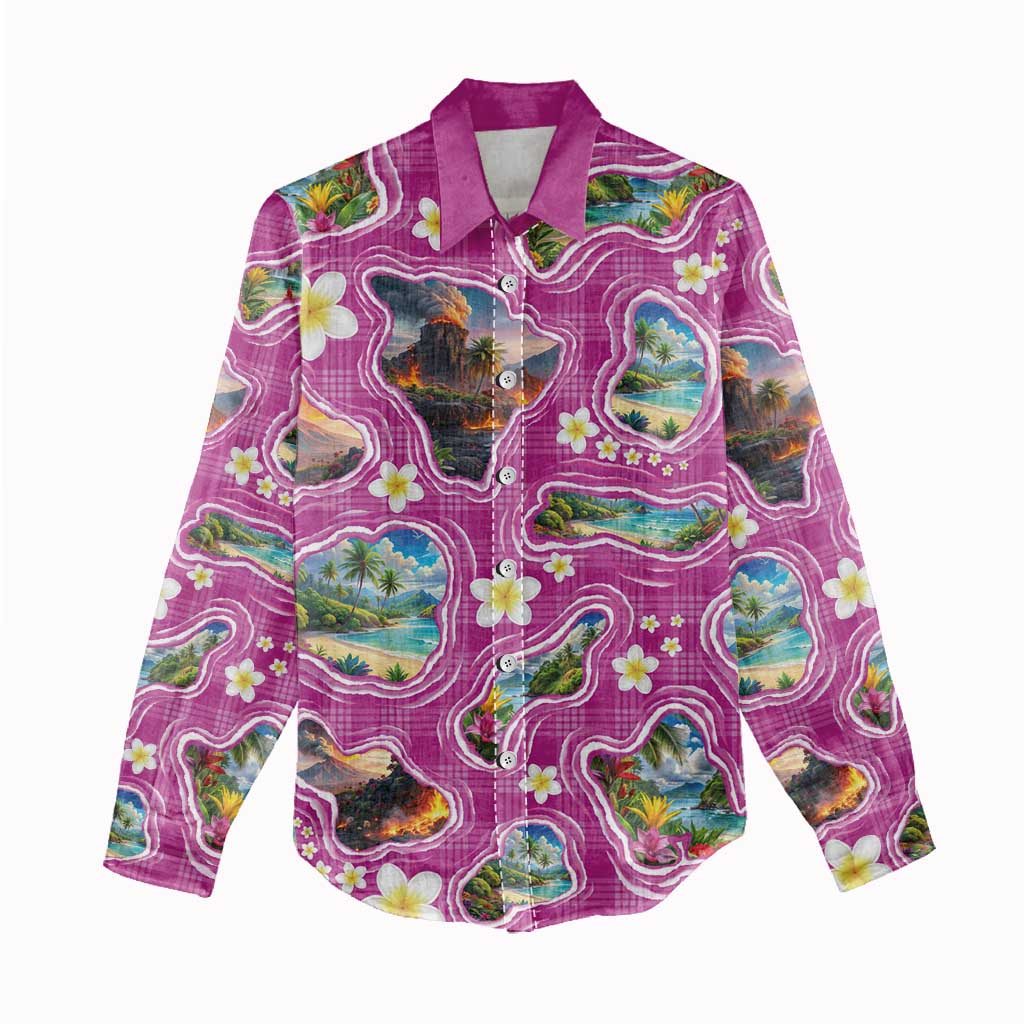 Hawaiian Island Shapes-Iconic Landscape Women Casual Shirt with Plumeria and Palaka Pink Color LT03 - Polynesian Pride