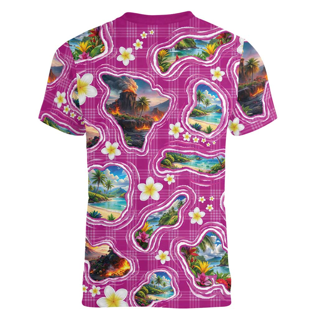 Hawaiian Island Shapes-Iconic Landscape Women V-Neck T-Shirt with Plumeria and Palaka Pink Color LT03 - Polynesian Pride