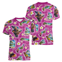 Hawaiian Island Shapes-Iconic Landscape Women V-Neck T-Shirt with Plumeria and Palaka Pink Color LT03 - Polynesian Pride
