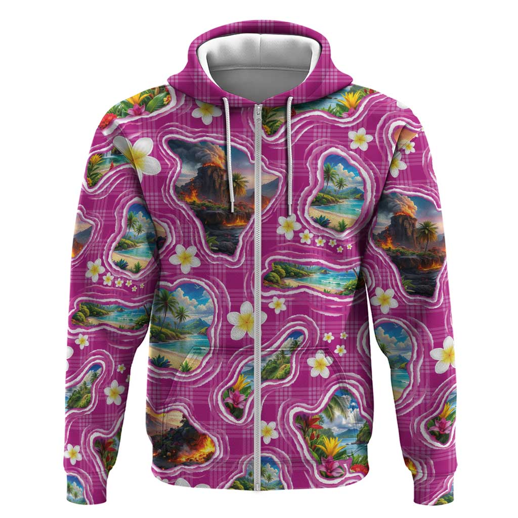 Hawaiian Island Shapes-Iconic Landscape Zip Hoodie with Plumeria and Palaka Pink Color