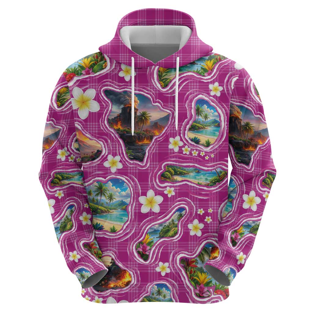 Hawaiian Island Shapes-Iconic Landscape Zip Hoodie with Plumeria and Palaka Pink Color LT03 - Polynesian Pride