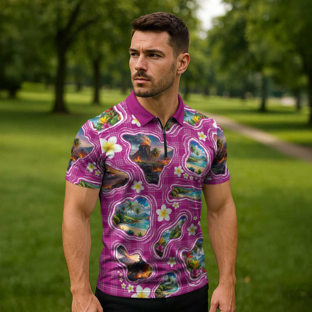 Hawaiian Island Shapes-Iconic Landscape Zipper Polo Shirt with Plumeria and Palaka Pink Color LT03 - Polynesian Pride