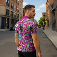 Hawaiian Island Shapes-Iconic Landscape Zipper Polo Shirt with Plumeria and Palaka Pink Color LT03 - Polynesian Pride