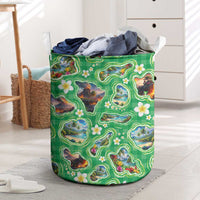 Hawaii Map with Plumeria Flower and Palaka Pattern Laundry Basket Tropical Island Green Design