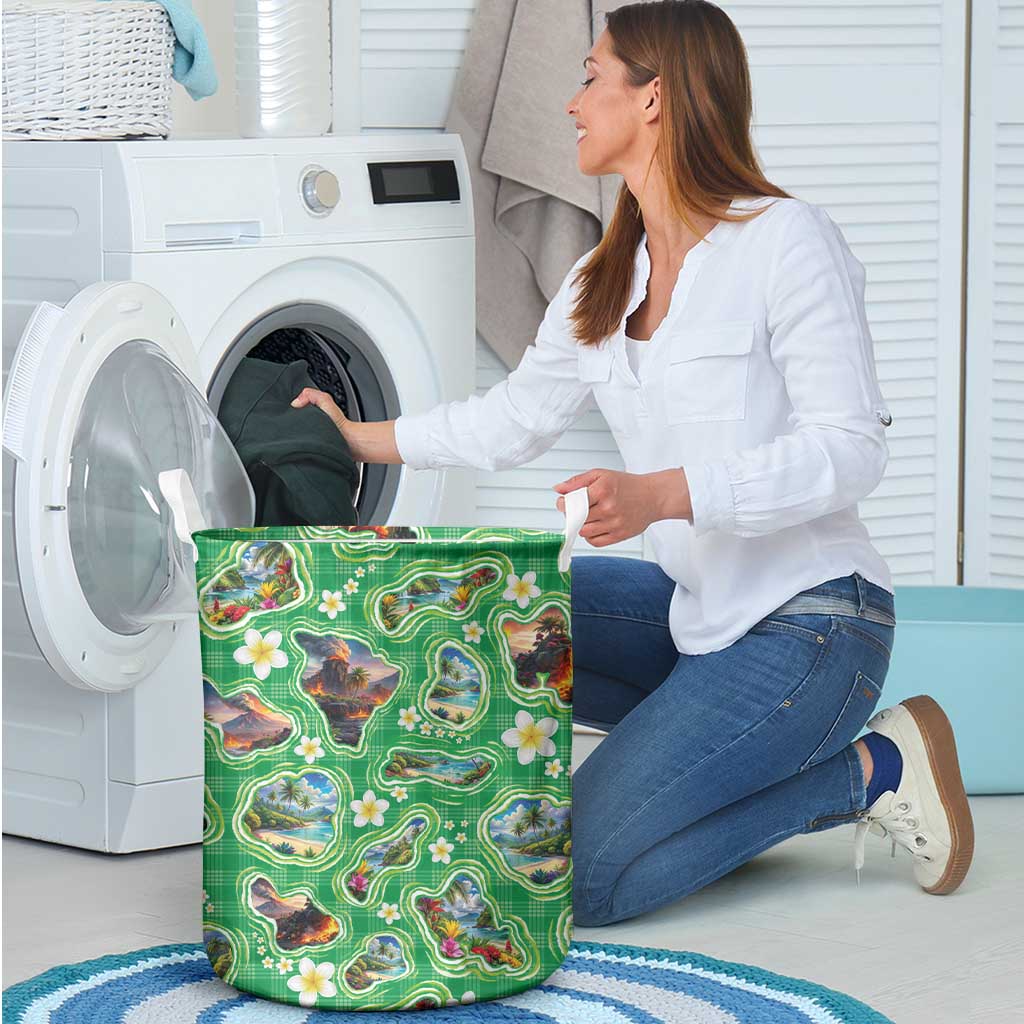 Hawaii Map with Plumeria Flower and Palaka Pattern Laundry Basket Tropical Island Green Design
