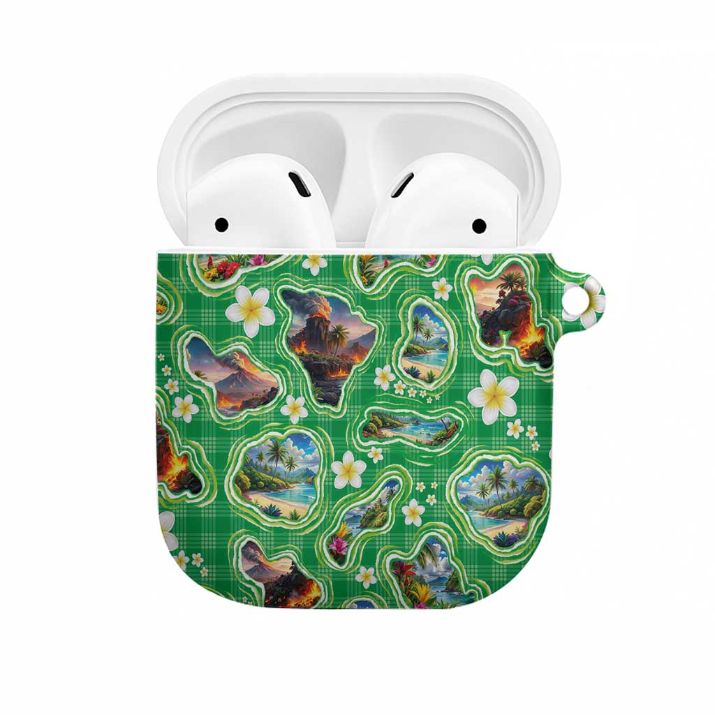 Hawaii Map with Plumeria Flower and Palaka Pattern AirPods Case Tropical Island Green Design