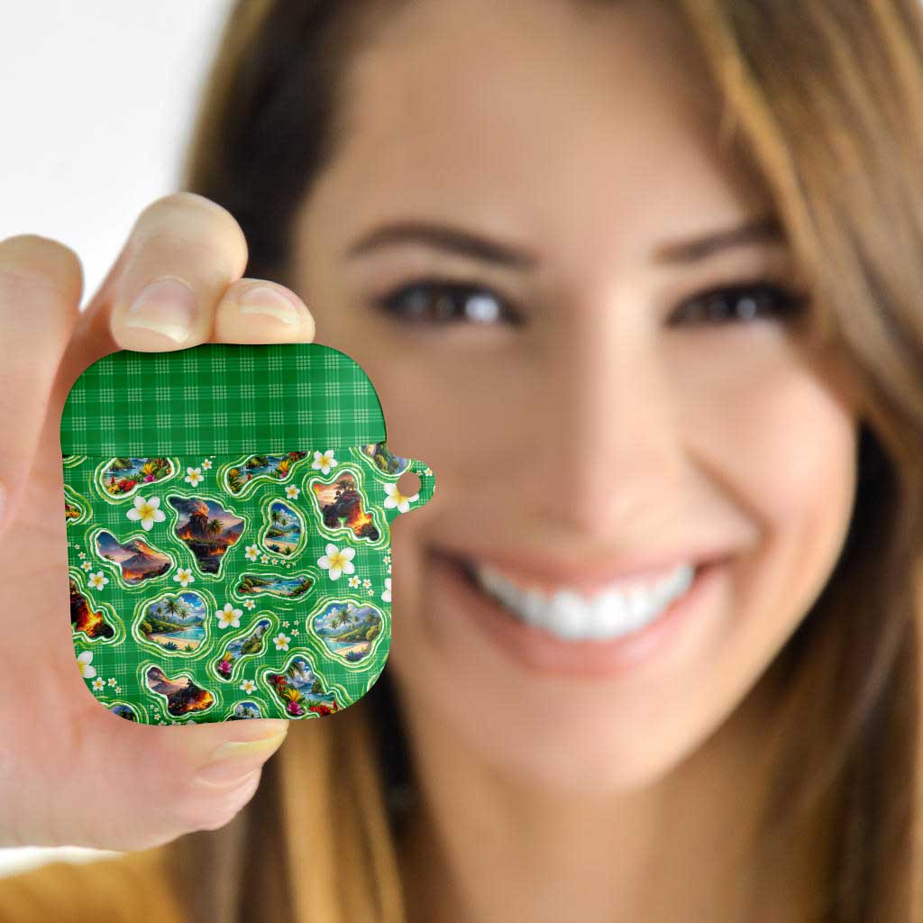 Hawaii Map with Plumeria Flower and Palaka Pattern AirPods Case Tropical Island Green Design