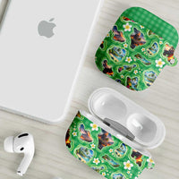 Hawaii Map with Plumeria Flower and Palaka Pattern AirPods Case Tropical Island Green Design
