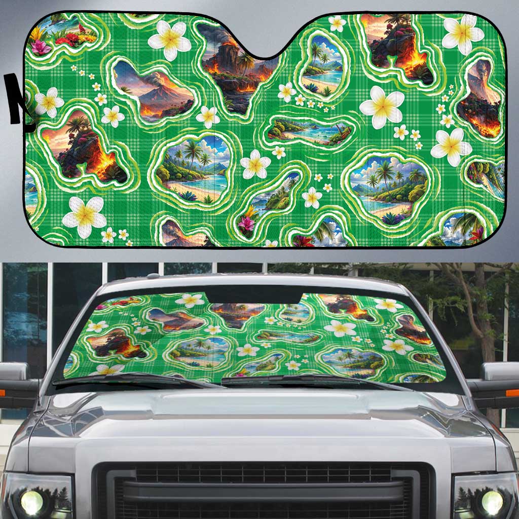 Hawaii Map with Plumeria Flower and Palaka Pattern Auto Sun Shade Tropical Island Green Design LT03 Green - Polynesian Pride