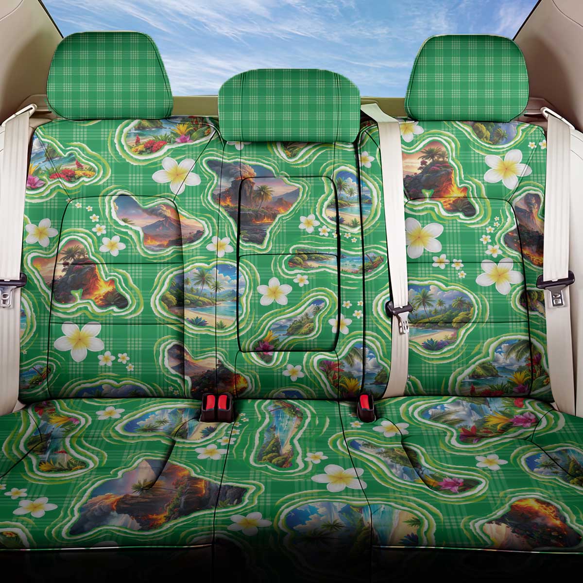 Hawaii Map with Plumeria Flower and Palaka Pattern Back Car Seat Cover Tropical Island Green Design