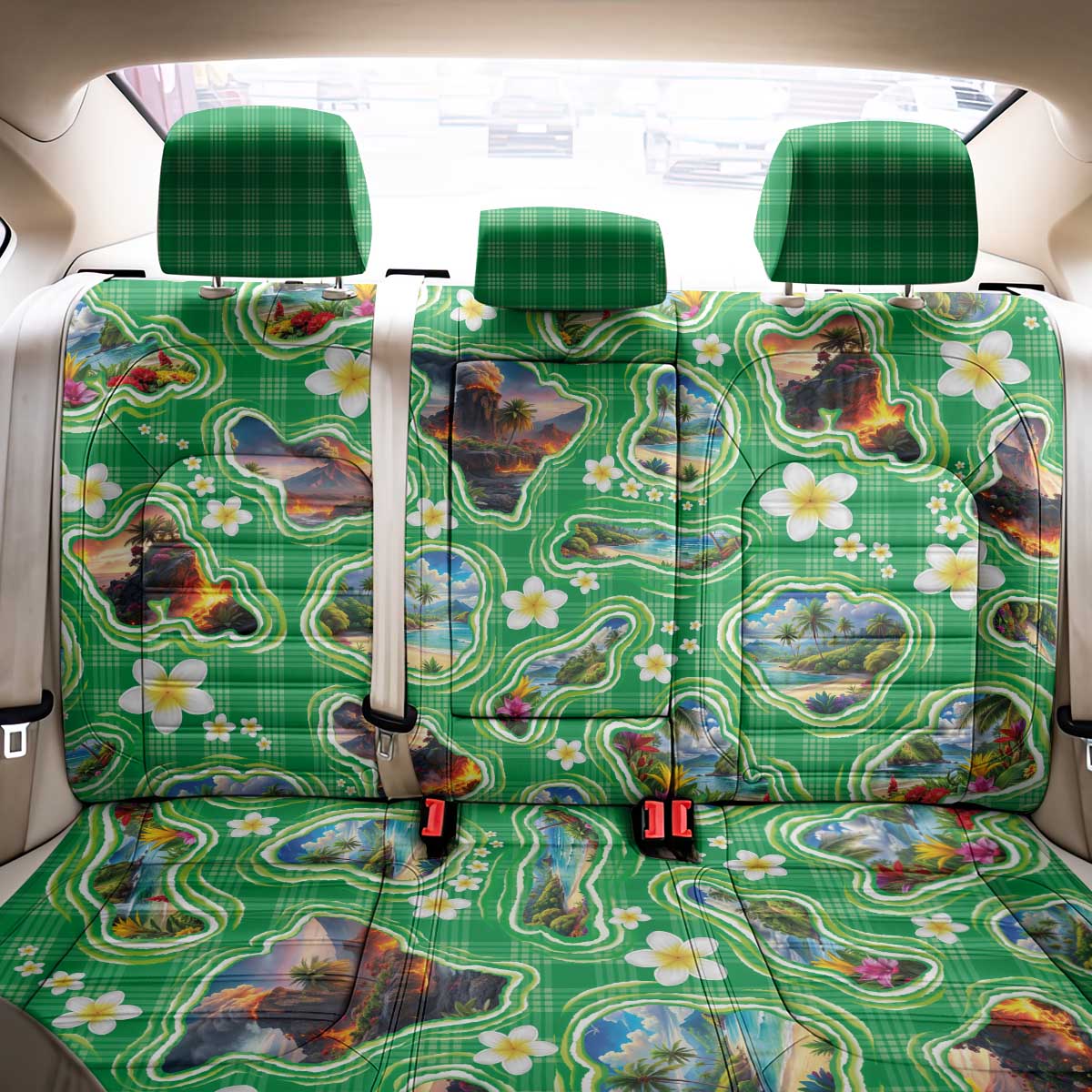 Hawaii Map with Plumeria Flower and Palaka Pattern Back Car Seat Cover Tropical Island Green Design