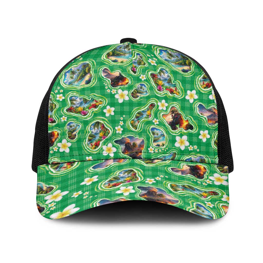 Hawaii Map with Plumeria Flower and Palaka Pattern Baseball Net Cap Tropical Island Green Design