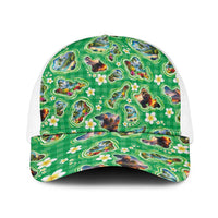 Hawaii Map with Plumeria Flower and Palaka Pattern Baseball Net Cap Tropical Island Green Design