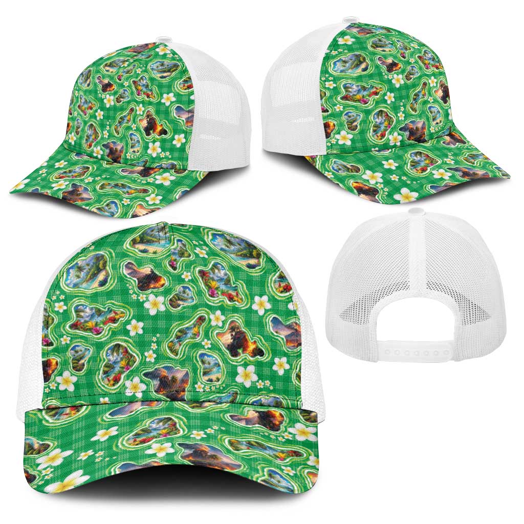 Hawaii Map with Plumeria Flower and Palaka Pattern Baseball Net Cap Tropical Island Green Design