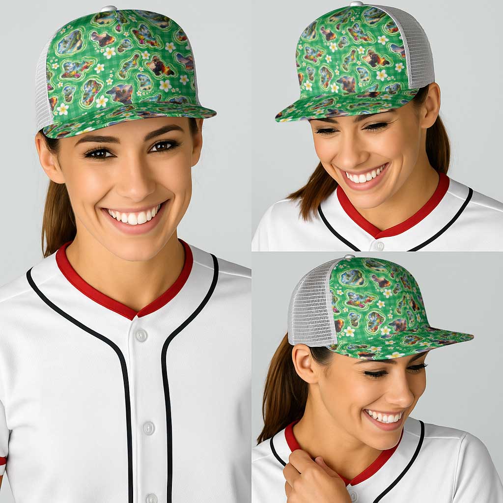 Hawaii Map with Plumeria Flower and Palaka Pattern Baseball Net Cap Tropical Island Green Design