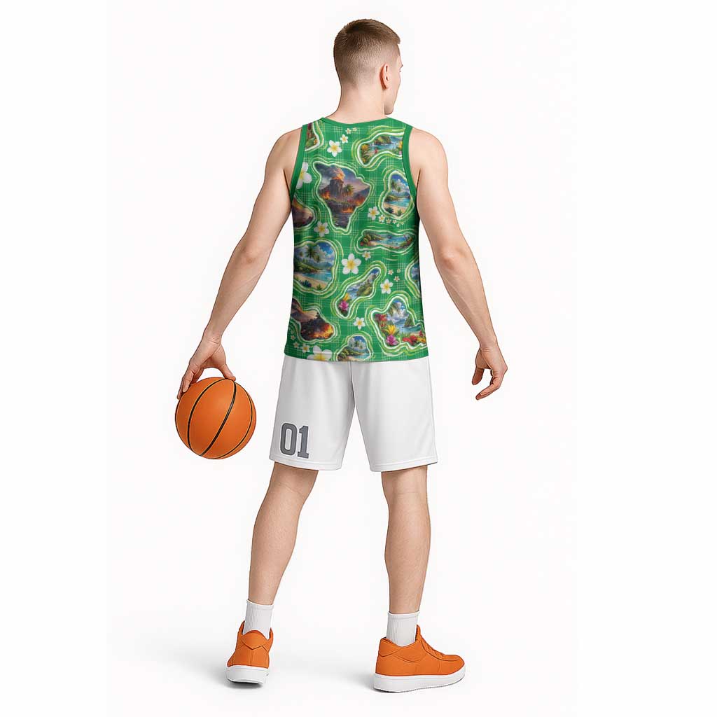 Hawaii Map with Plumeria Flower and Palaka Pattern Basketball Jersey Tropical Island Green Design