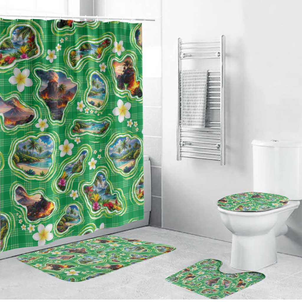 Hawaii Map with Plumeria Flower and Palaka Pattern Bathroom Set Tropical Island Green Design