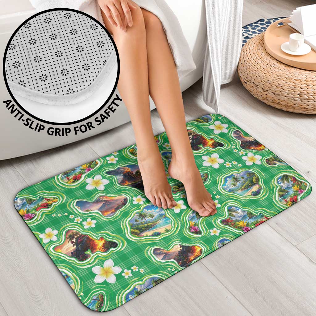 Hawaii Map with Plumeria Flower and Palaka Pattern Bathroom Set Tropical Island Green Design