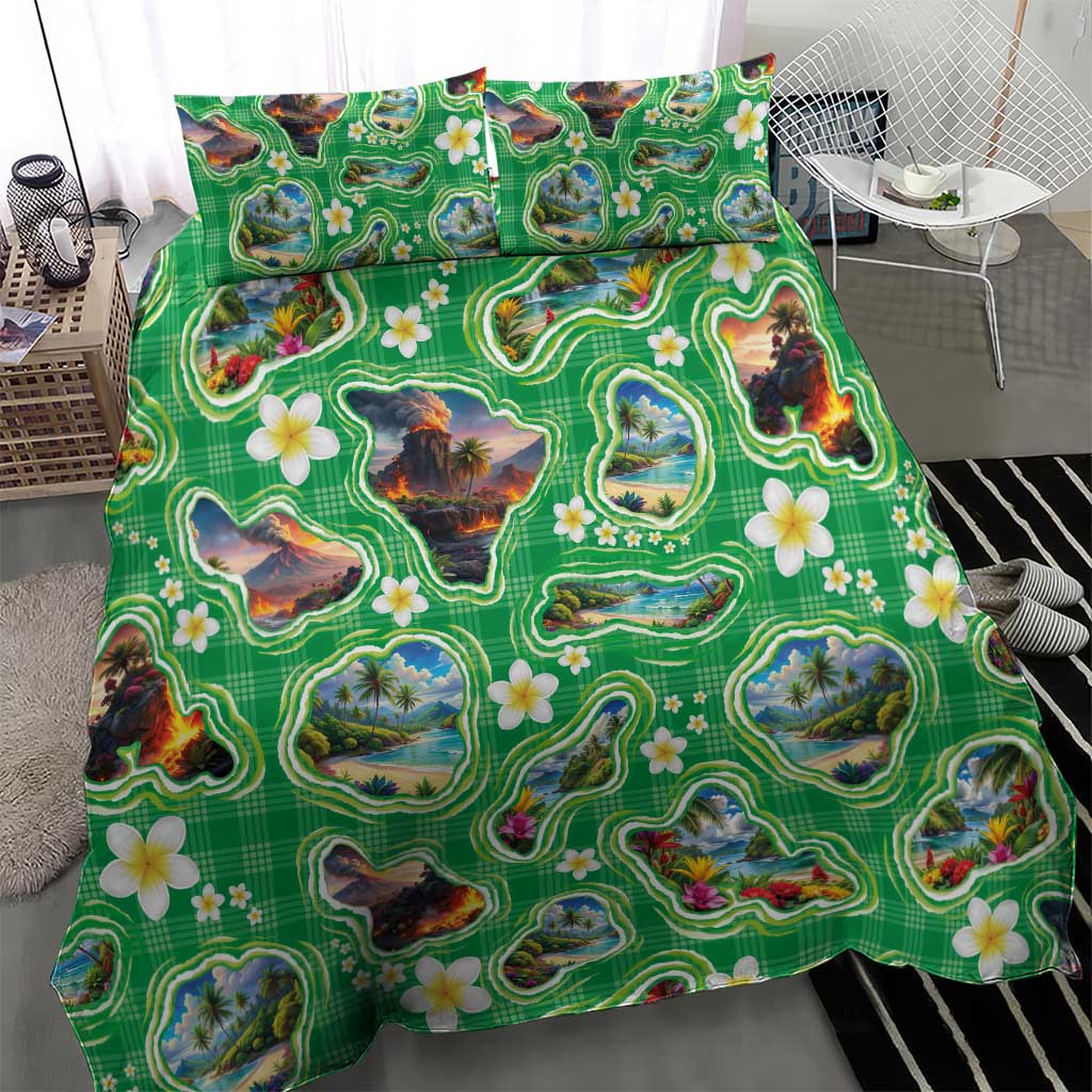 Hawaii Map with Plumeria Flower and Palaka Pattern Bedding Set Tropical Island Green Design