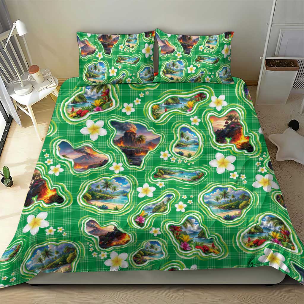 Hawaii Map with Plumeria Flower and Palaka Pattern Bedding Set Tropical Island Green Design