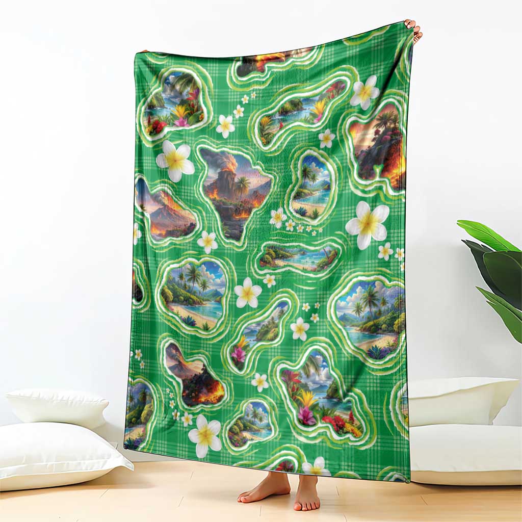 Hawaii Map with Plumeria Flower and Palaka Pattern Blanket Tropical Island Green Design