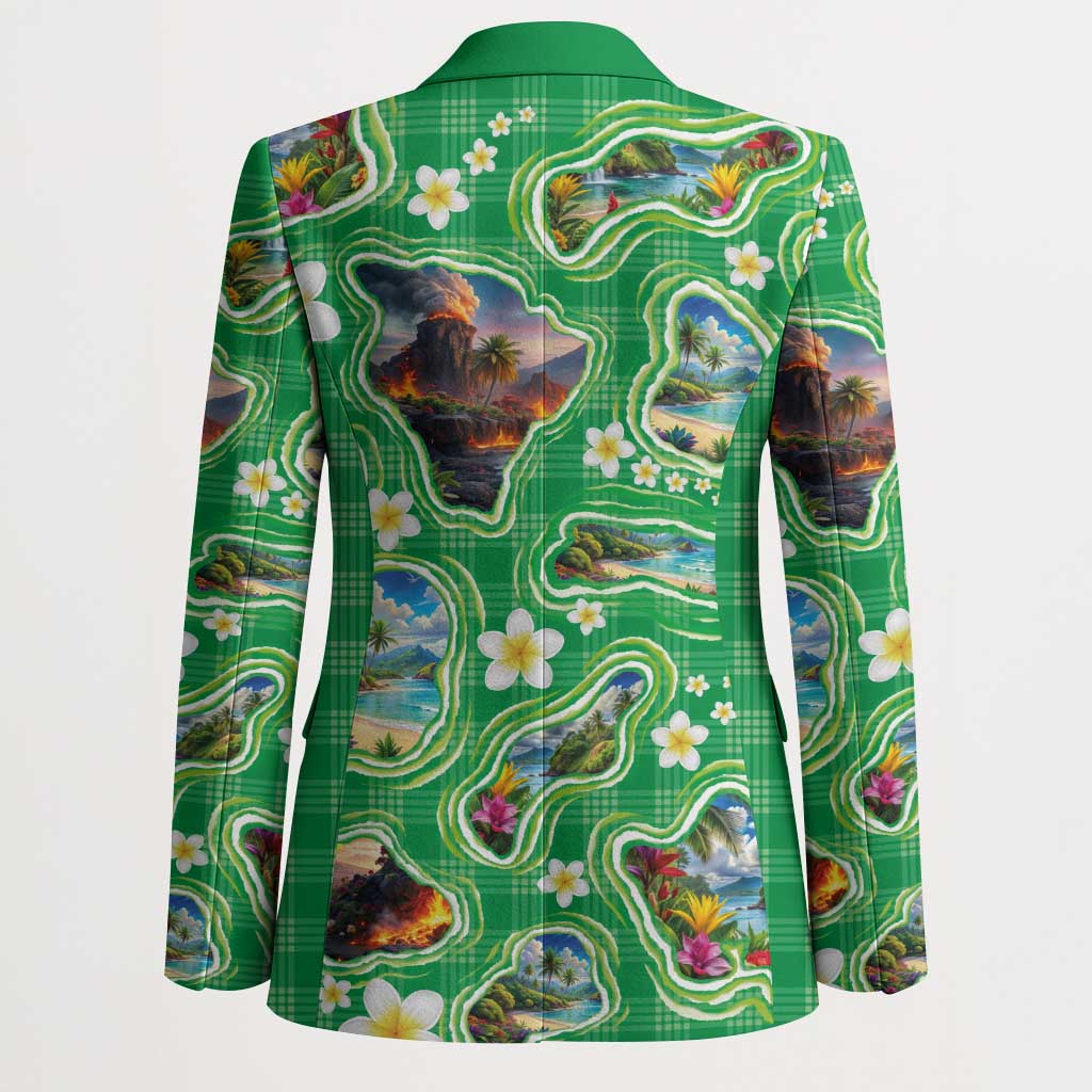 Hawaii Map with Plumeria Flower and Palaka Pattern Blazer Tropical Island Green Design