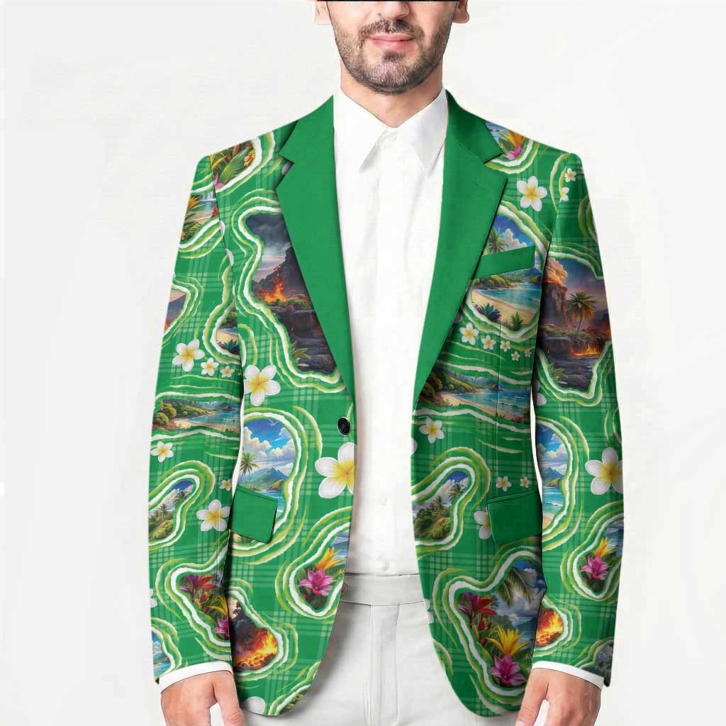 Hawaii Map with Plumeria Flower and Palaka Pattern Blazer Tropical Island Green Design