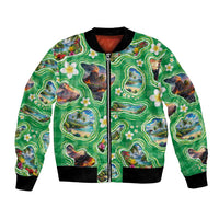 Hawaii Map with Plumeria Flower and Palaka Pattern Bomber Jacket Tropical Island Green Design
