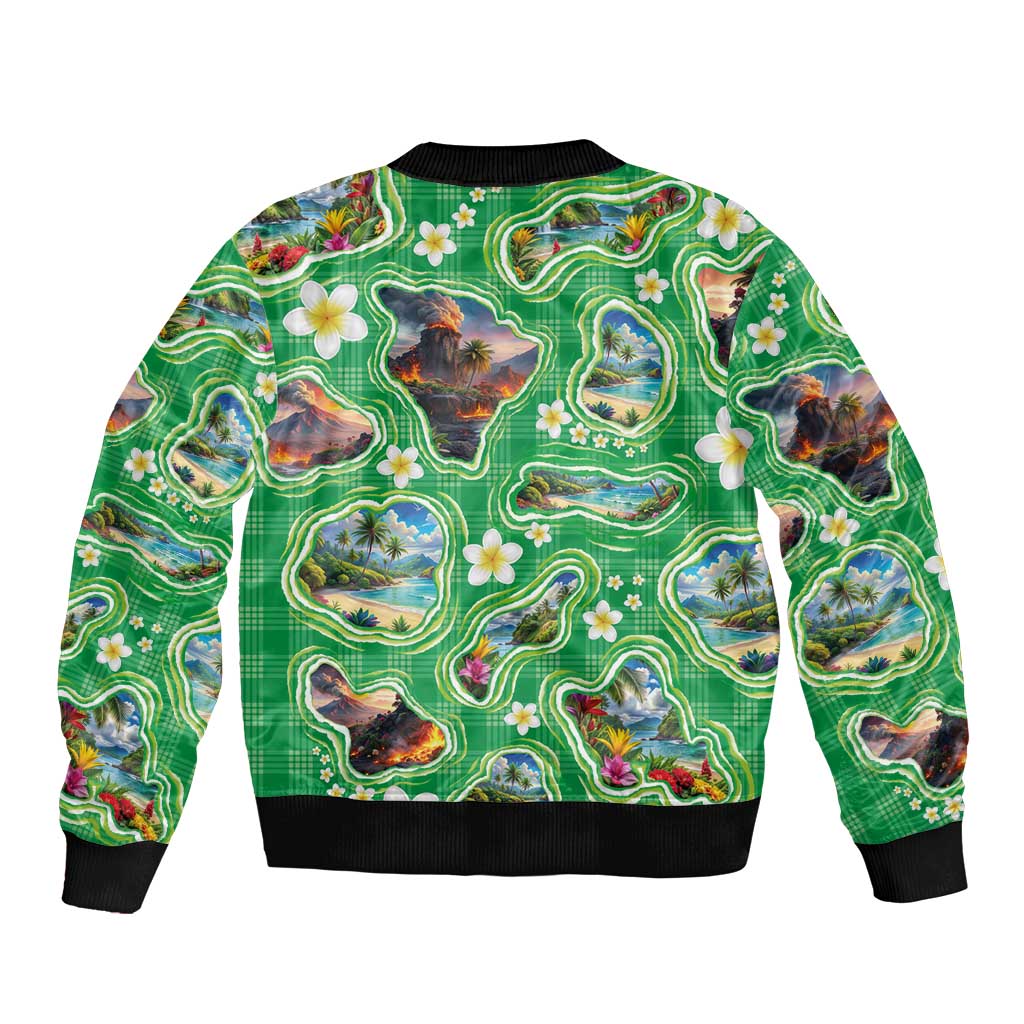 Hawaii Map with Plumeria Flower and Palaka Pattern Bomber Jacket Tropical Island Green Design