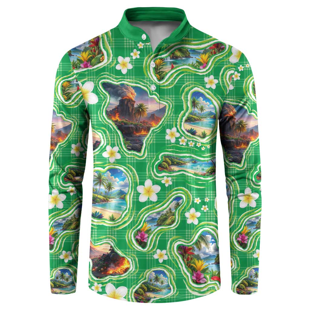 Hawaii Map with Plumeria Flower and Palaka Pattern Button Sweatshirt Tropical Island Green Design
