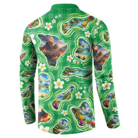 Hawaii Map with Plumeria Flower and Palaka Pattern Button Sweatshirt Tropical Island Green Design