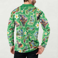 Hawaii Map with Plumeria Flower and Palaka Pattern Button Sweatshirt Tropical Island Green Design